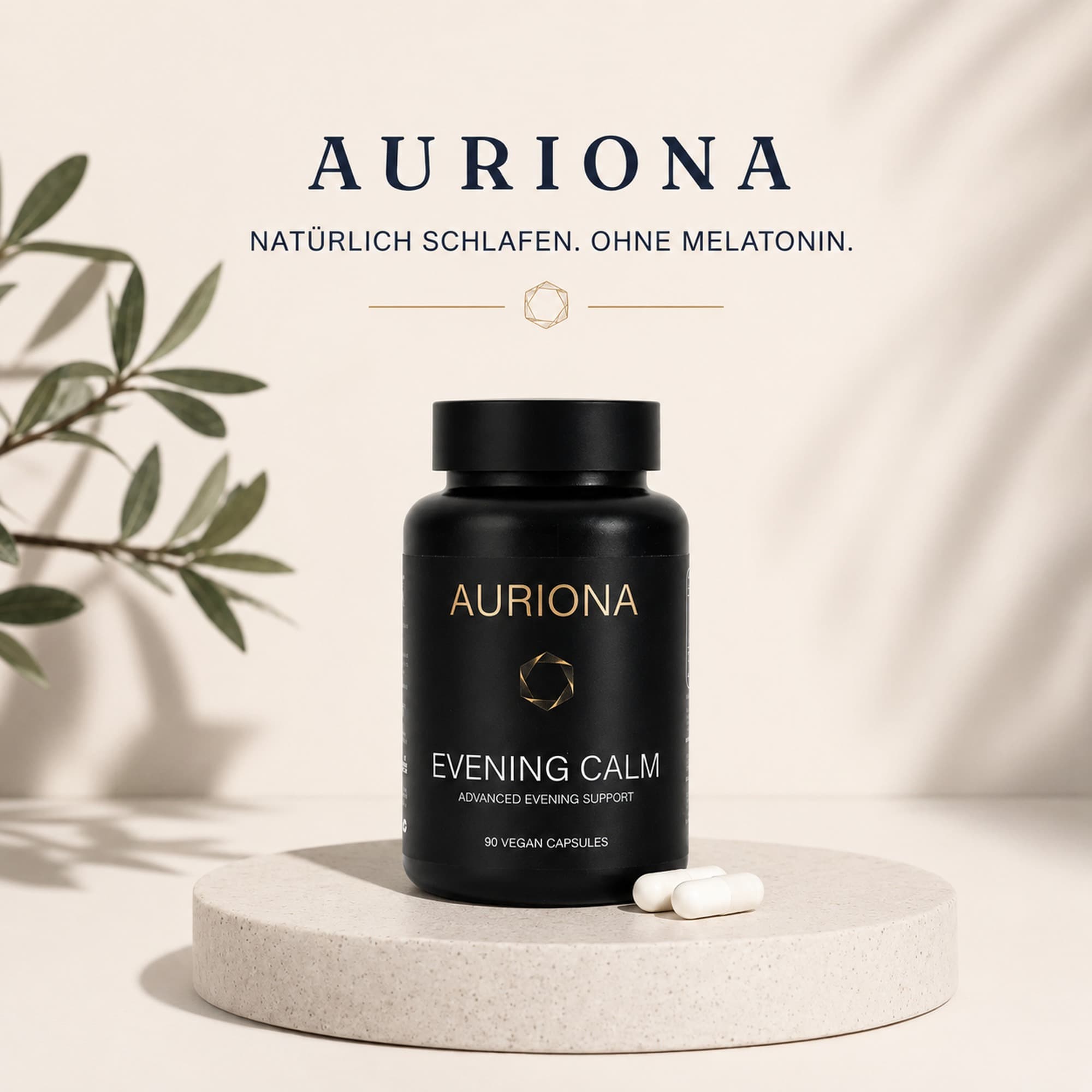 AURIONA Evening Calm – matte schwarze Dose mit goldenem Deckel und zwei Kapseln, Markenclaim „Natürlich schlafen. Ohne Melatonin.“